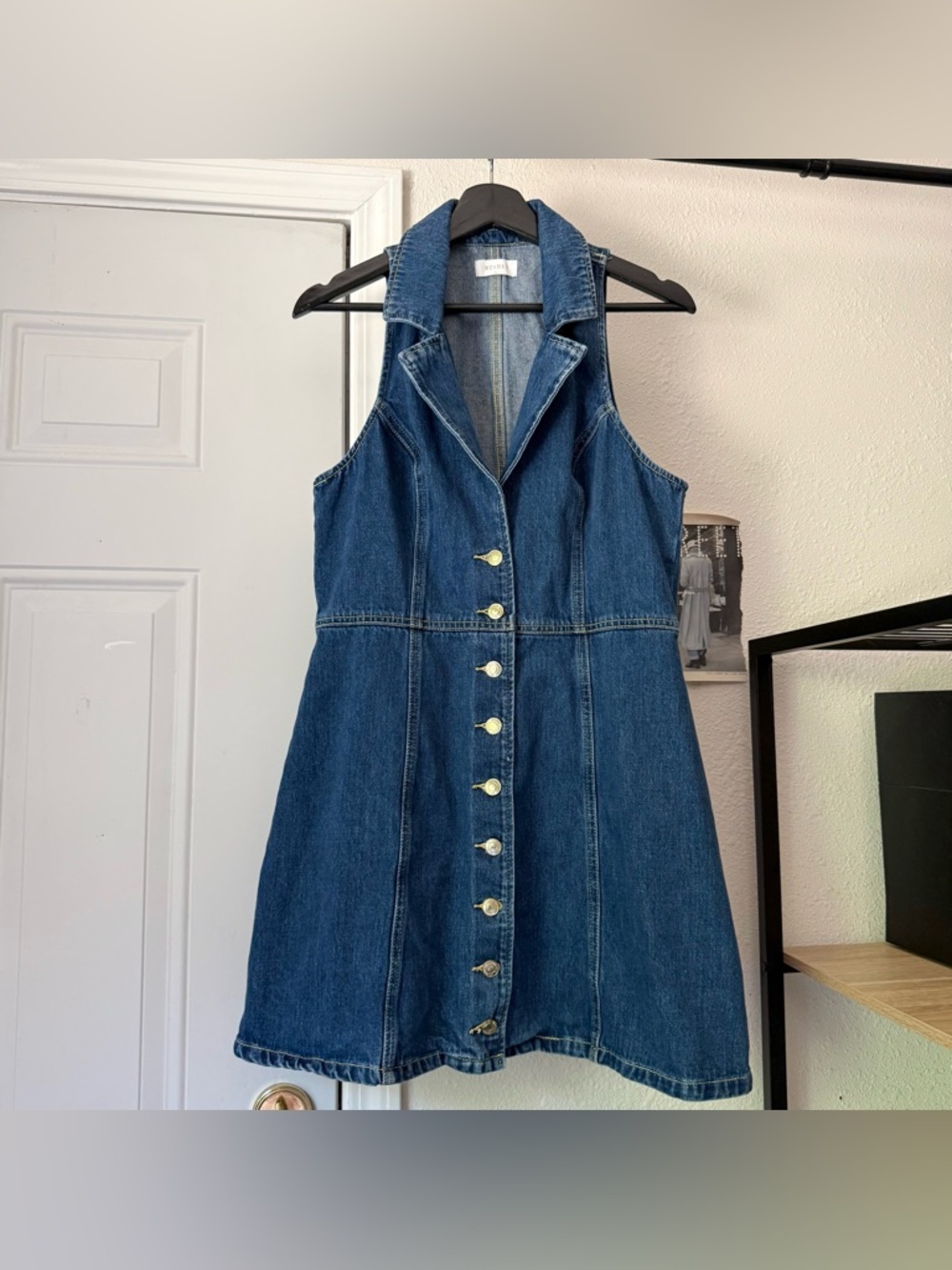 MESHKI blue denim cotton gold button up high collar‎ neck sleeveless mini dress